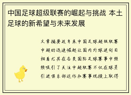 中国足球超级联赛的崛起与挑战 本土足球的新希望与未来发展 中国足球超级联赛的崛起与挑战 本土足球的新希望与未来发展