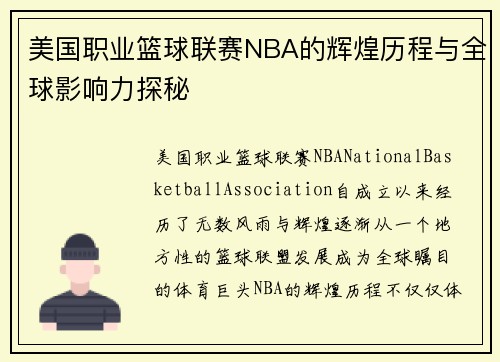 美国职业篮球联赛NBA的辉煌历程与全球影响力探秘 美国职业篮球联赛NBA的辉煌历程与全球影响力探秘
